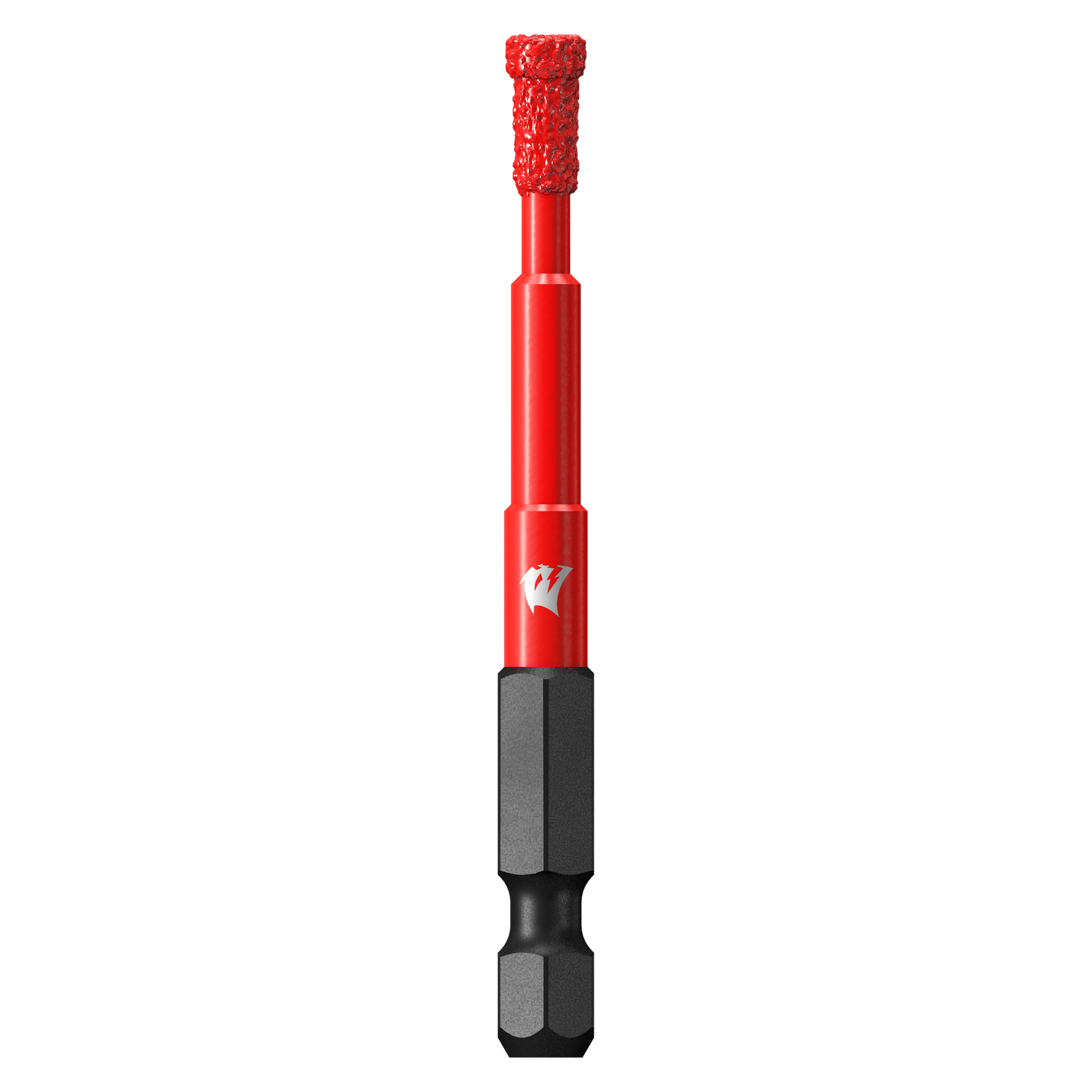 Red diamond grit hole saw with black hex shank and textured cutting head.