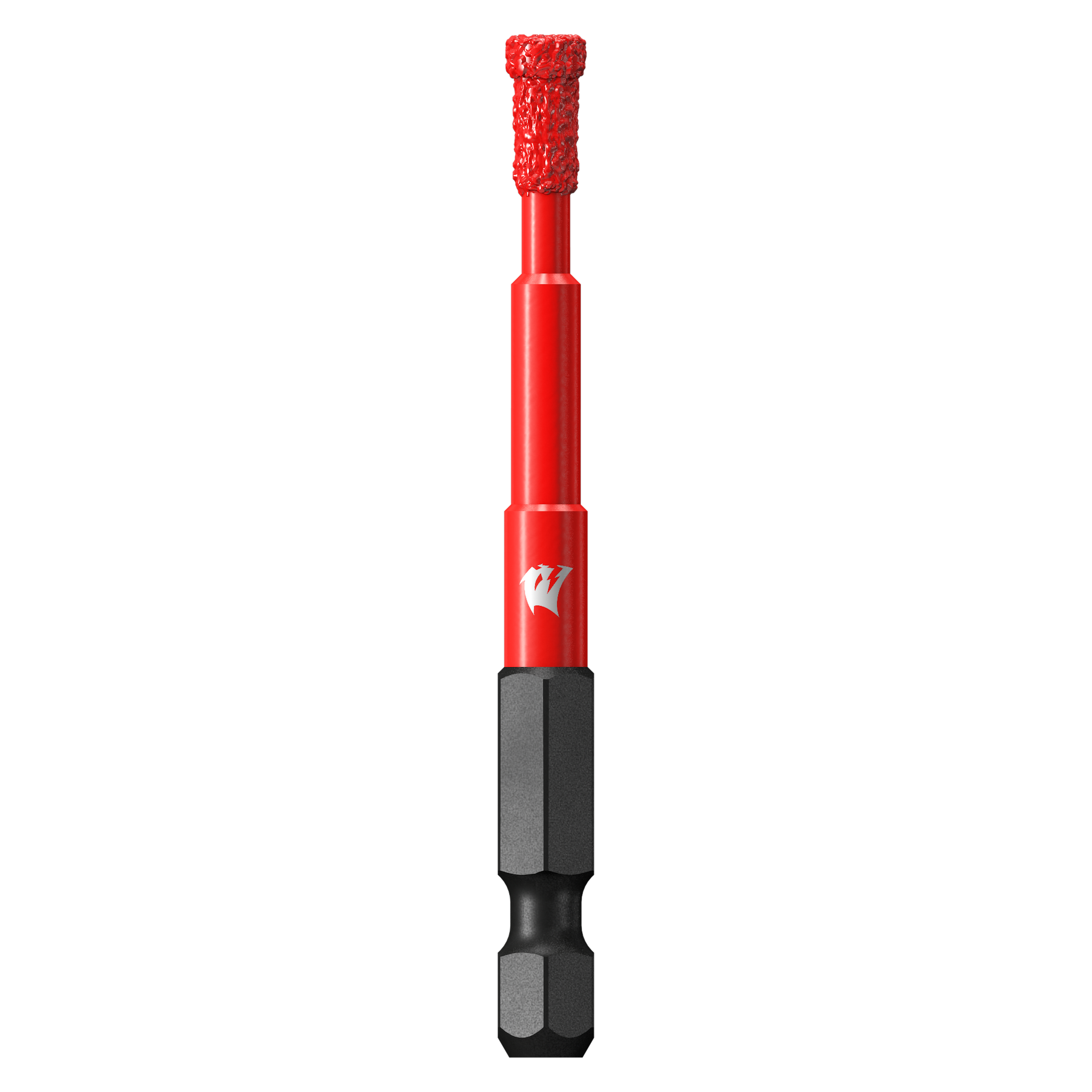 Red diamond grit hole saw with black hex shank and textured cutting head.