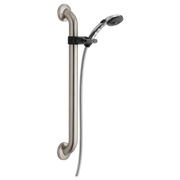 Brushed nickel slide bar with adjustable handshower, flexible hose, and wall-mounted grab handles.