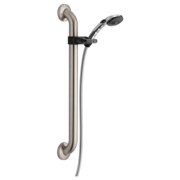 Brushed nickel slide bar with adjustable handshower, flexible hose, and wall-mounted grab handles.