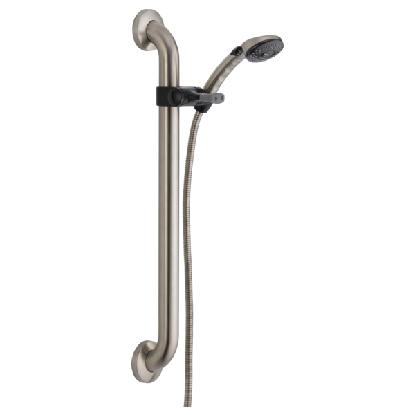 Brushed nickel slide bar with handheld showerhead, flexible hose, and grab handle in ADA-compliant design.