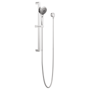 Chrome slide bar handshower system with round showerhead and adjustable height bracket.