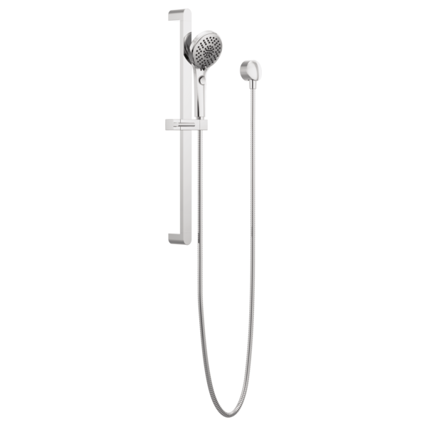 Chrome slide bar handshower system with round showerhead and adjustable height bracket.
