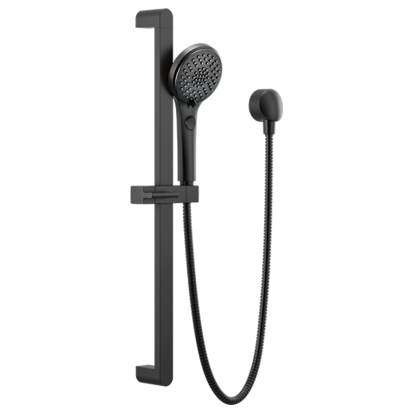 Black slide bar handshower system with round showerhead, vertical rail, and flexible hose with handheld outlet.