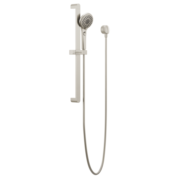 Brushed nickel slide bar handshower with round showerhead, adjustable grip, and flexible hose.
