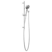 Chrome shower slide bar with circular showerhead and handheld shower spray on adjustable hose.