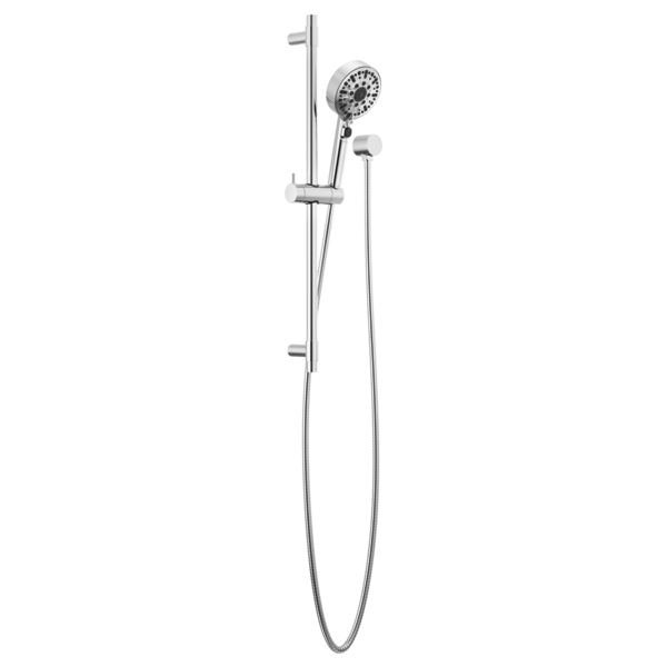 Chrome shower slide bar with circular showerhead and handheld shower spray on adjustable hose.