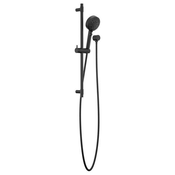 Black slide bar shower system with round hand shower head and handheld spray attachment on flexible hose.
