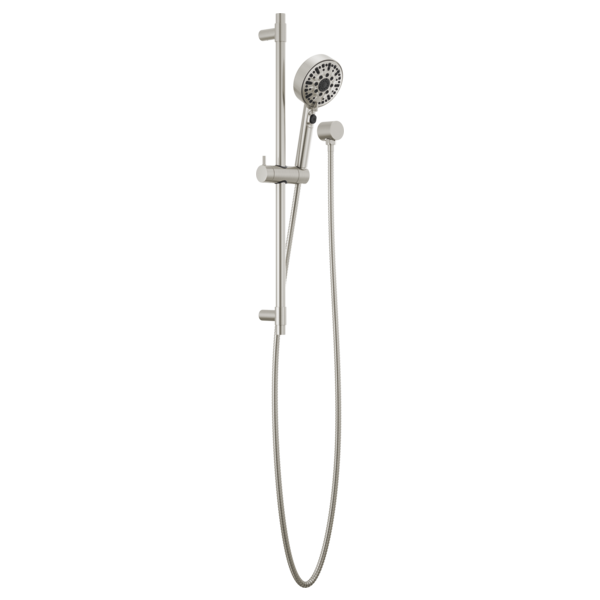 Brushed nickel slide bar shower system with round showerhead and handheld shower wand on curved hose.