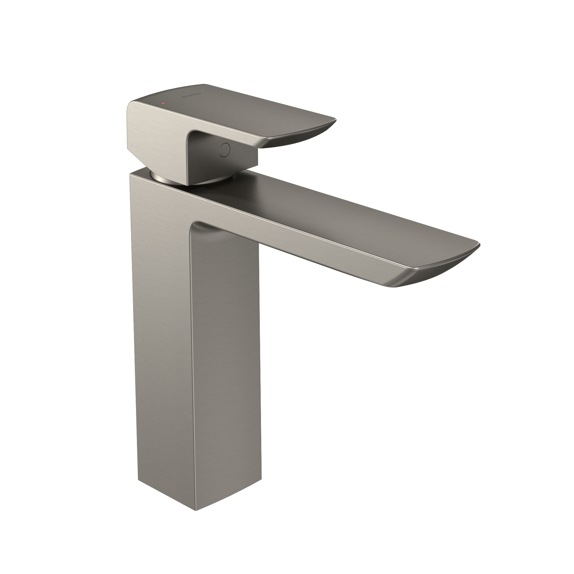 Brushed nickel single-handle bathroom faucet with rectangular spout and tall square base for vessel sinks.