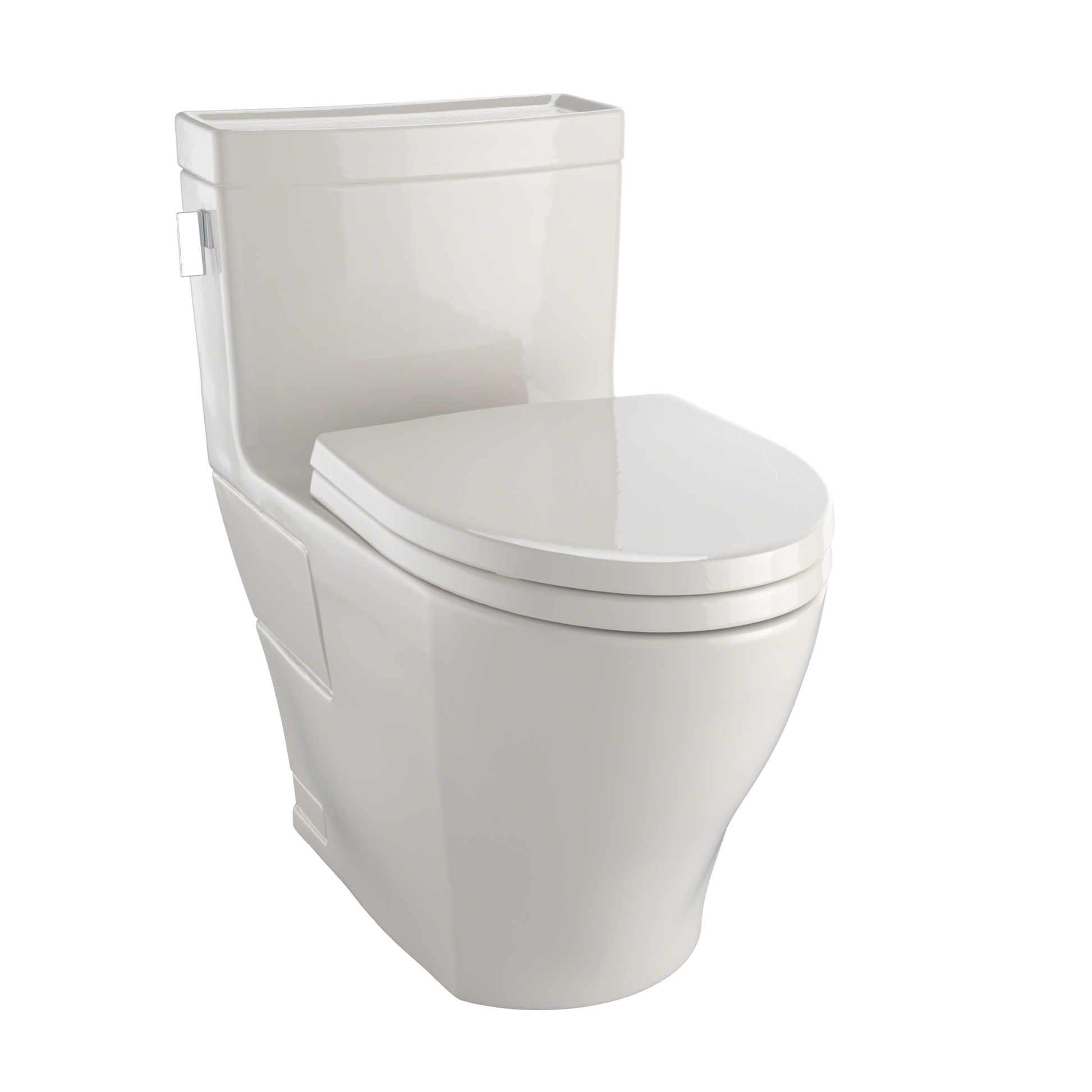 Bone-colored one-piece elongated toilet with soft-close seat and integrated tank.