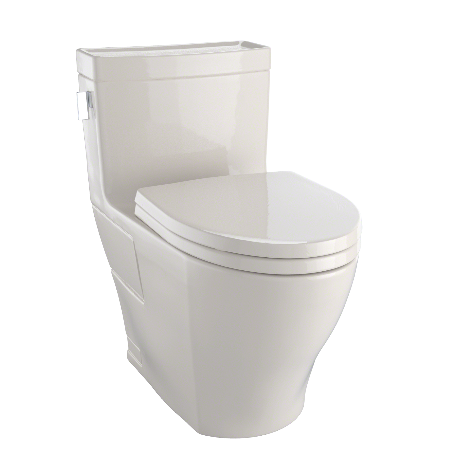 Bone-colored one-piece elongated toilet with soft-close seat and integrated tank.