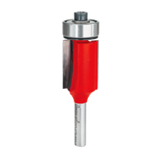 Freud bearing flush trim bit with red cutting head, silver metal shank, and steel ball bearing collar at top.