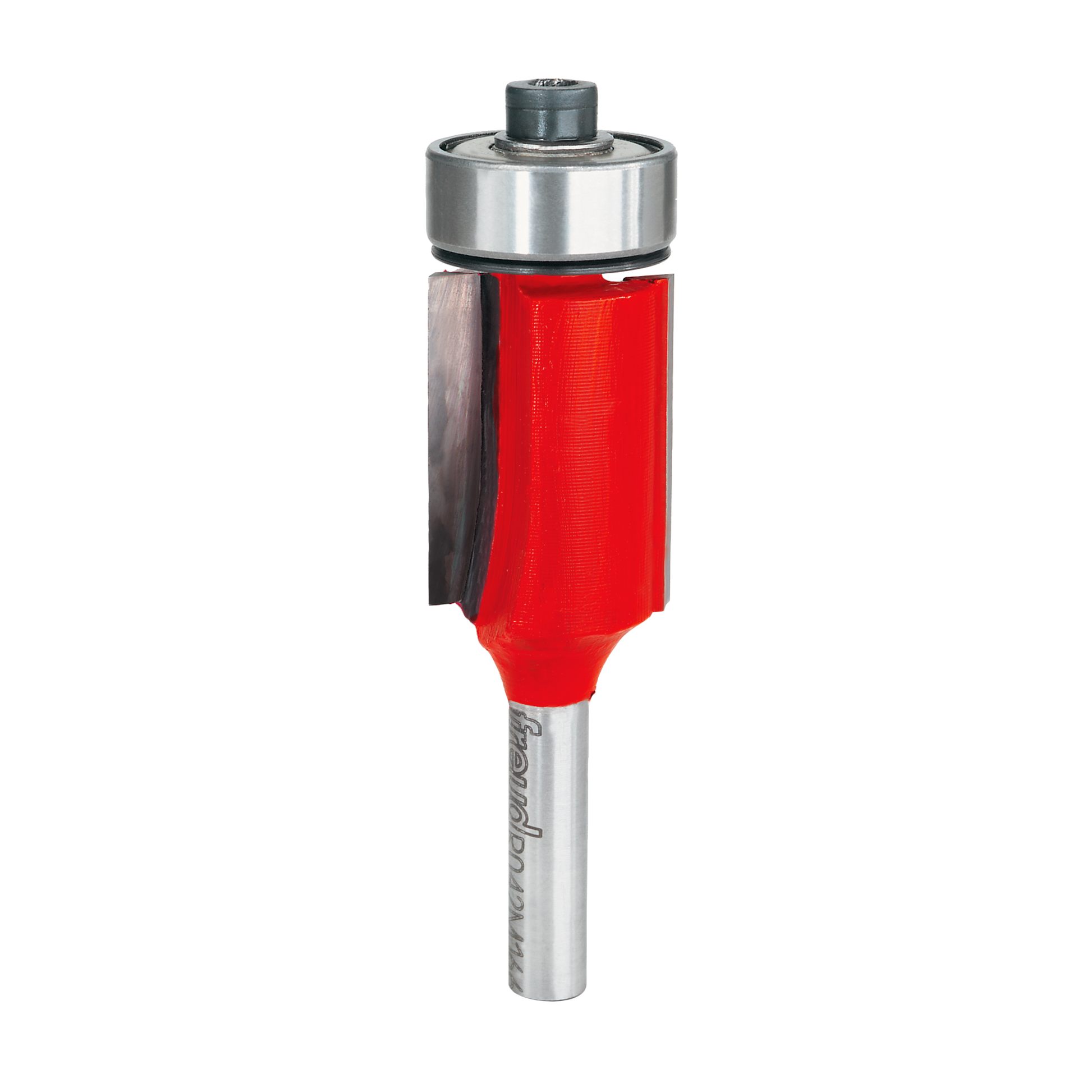 Freud bearing flush trim bit with red cutting head, silver metal shank, and steel ball bearing collar at top.