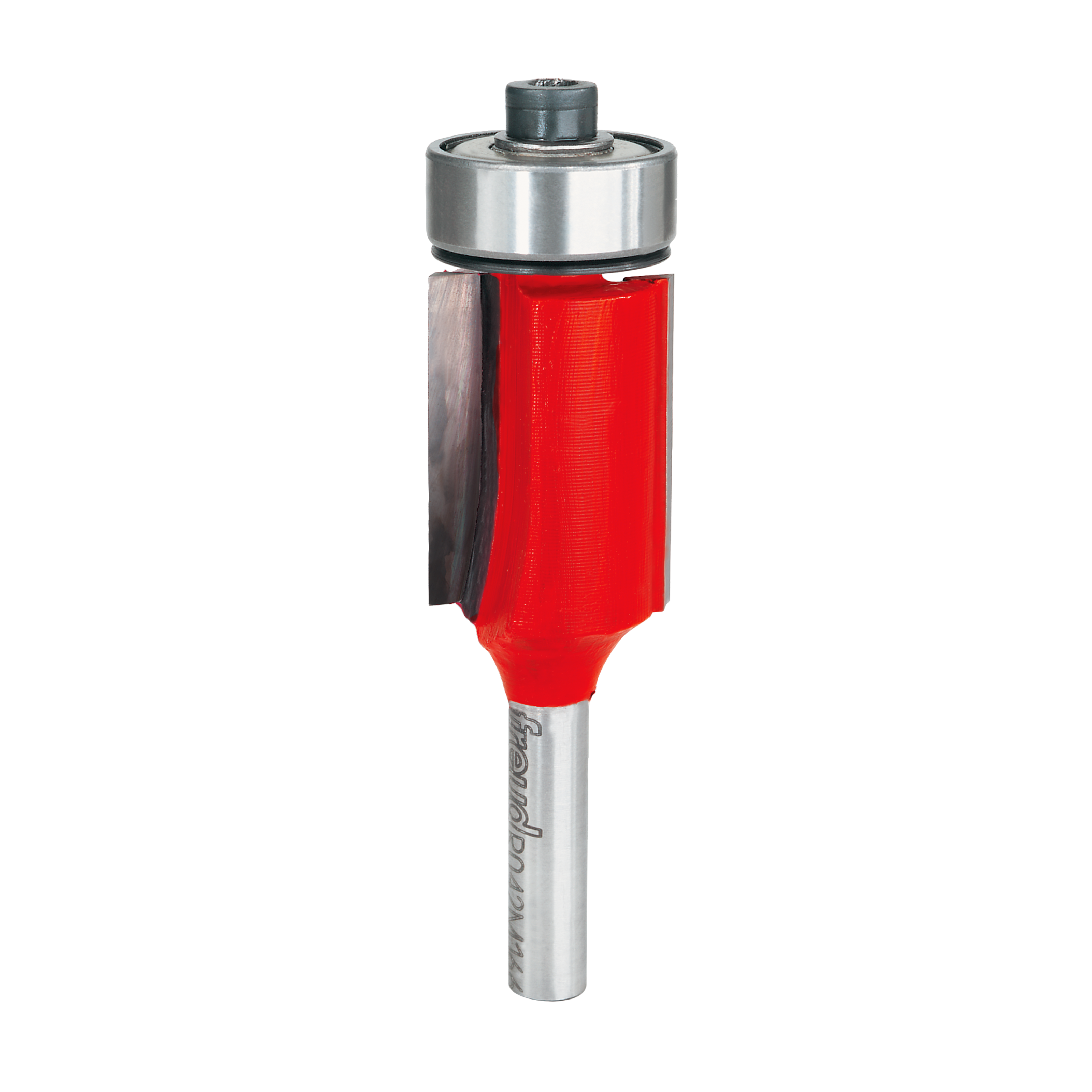 Freud bearing flush trim bit with red cutting head, silver metal shank, and steel ball bearing collar at top.