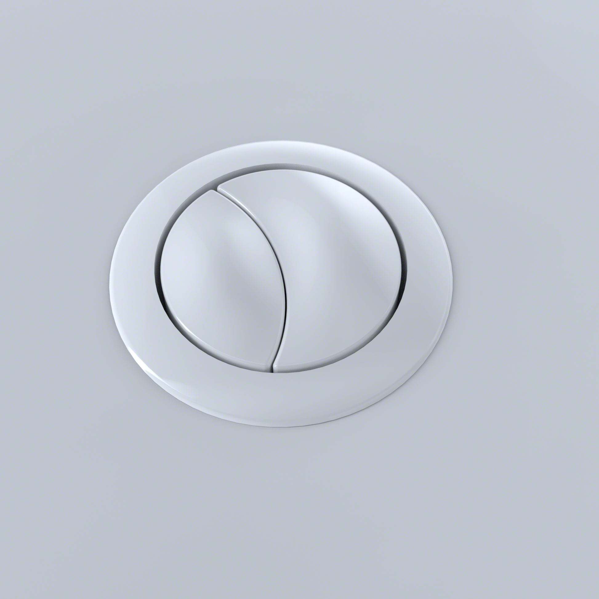 Cotton white oval push button with two side-by-side control panels for toilet flush activation.