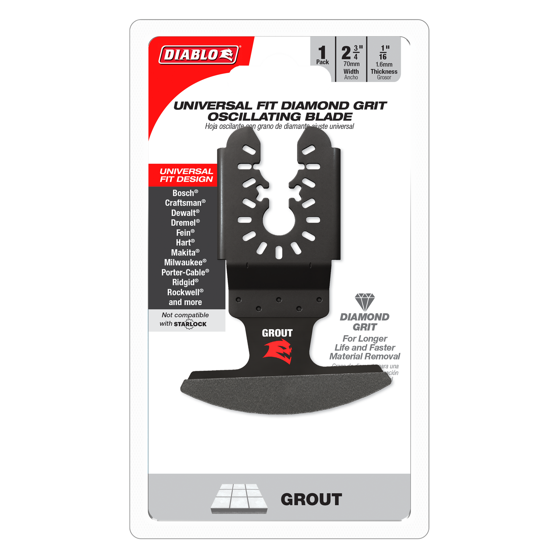 Black oscillating blade with diamond grit surface and curved cutting edge, packaged in Diablo retail card with specifications