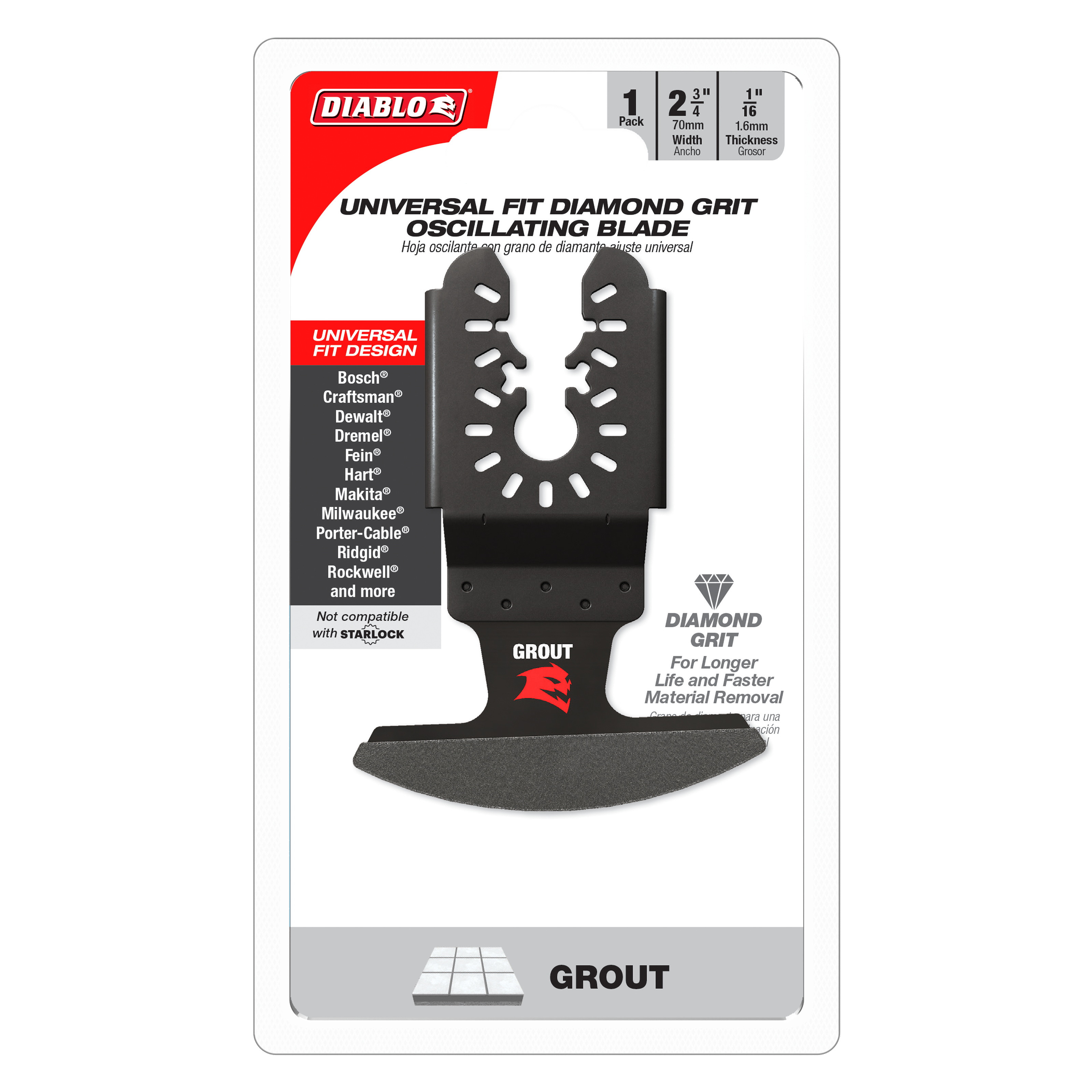 Black oscillating blade with diamond grit surface and curved cutting edge, packaged in Diablo retail card with specifications