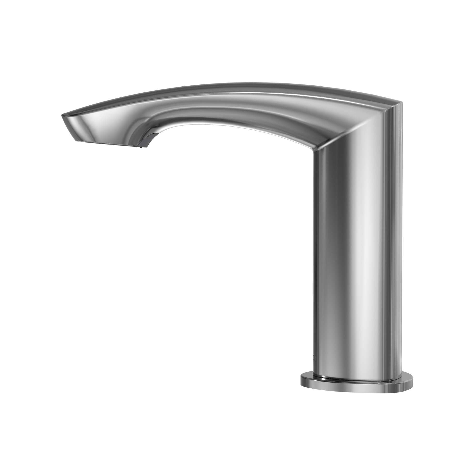 Polished chrome touchless bathroom faucet with curved spout and tall vertical body.