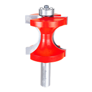 Red half-round router bit with bearing guide and metal shank marked with product number.