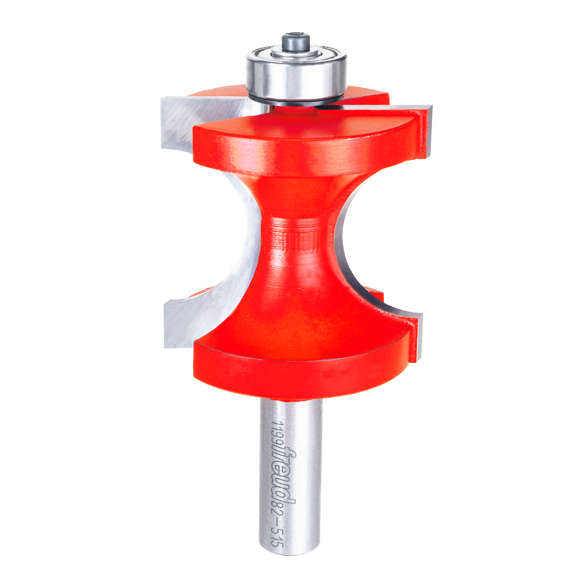 Red half-round router bit with bearing guide and metal shank marked with product number.