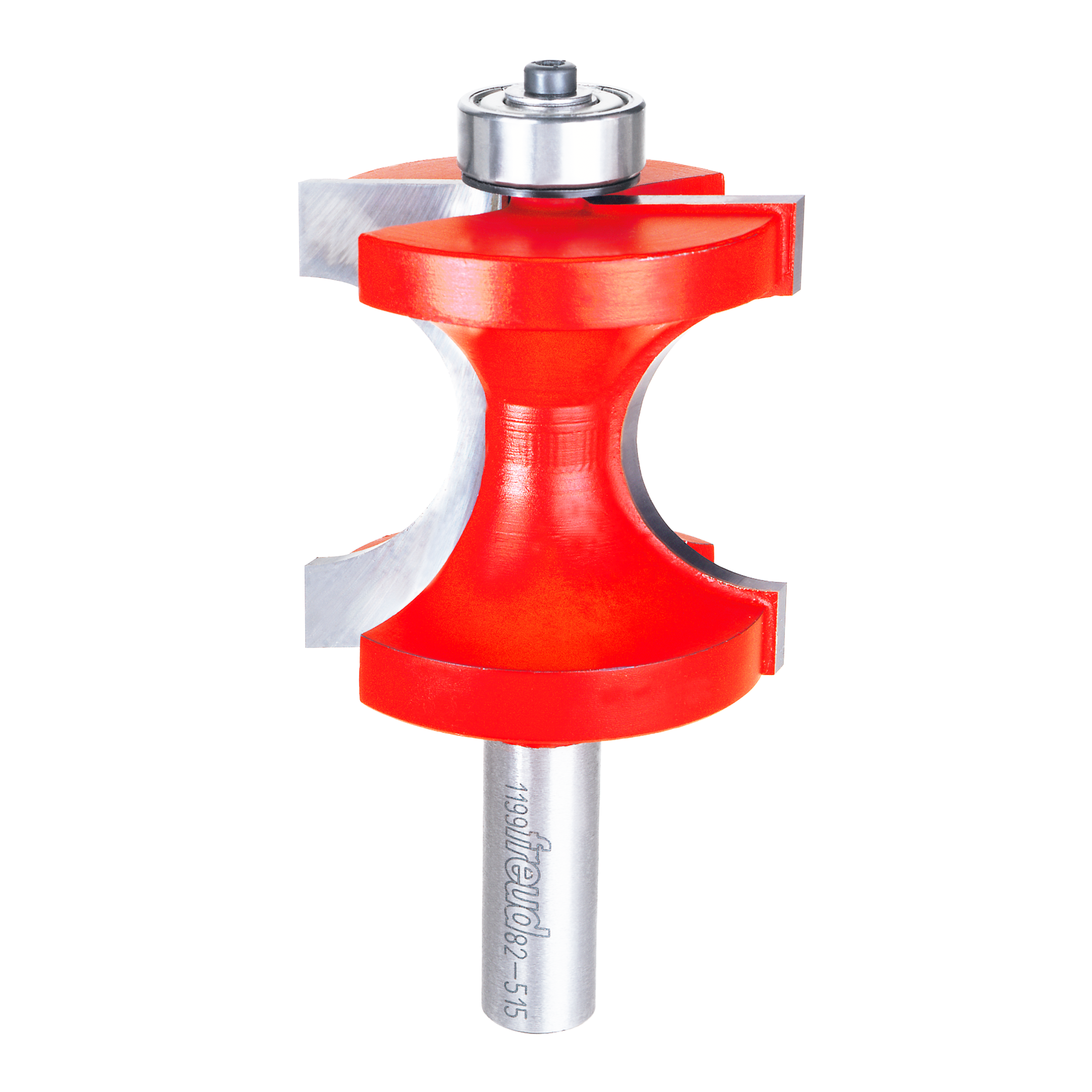 Red half-round router bit with bearing guide and metal shank marked with product number.