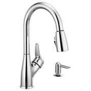 Chrome pull-down kitchen faucet with single handle and curved spout, includes separate soap dispenser.