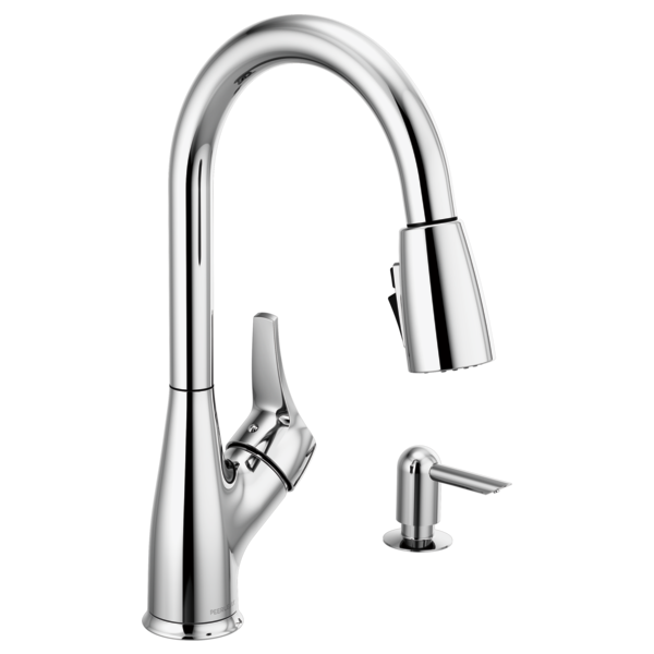 Chrome pull-down kitchen faucet with single handle and curved spout, includes separate soap dispenser.