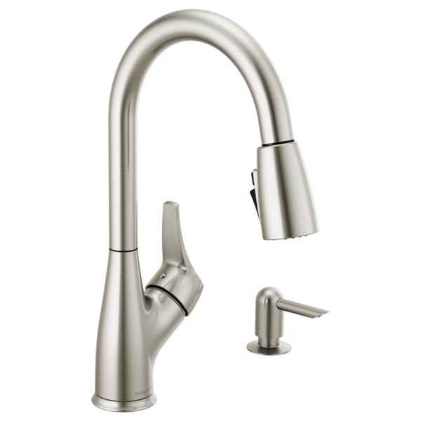 Brushed nickel pull-down kitchen faucet with single lever handle and matching soap dispenser.