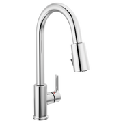 Chrome single-handle pulldown kitchen faucet with curved spout and side lever control.