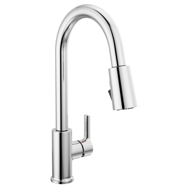 Chrome single-handle pulldown kitchen faucet with curved spout and side lever control.