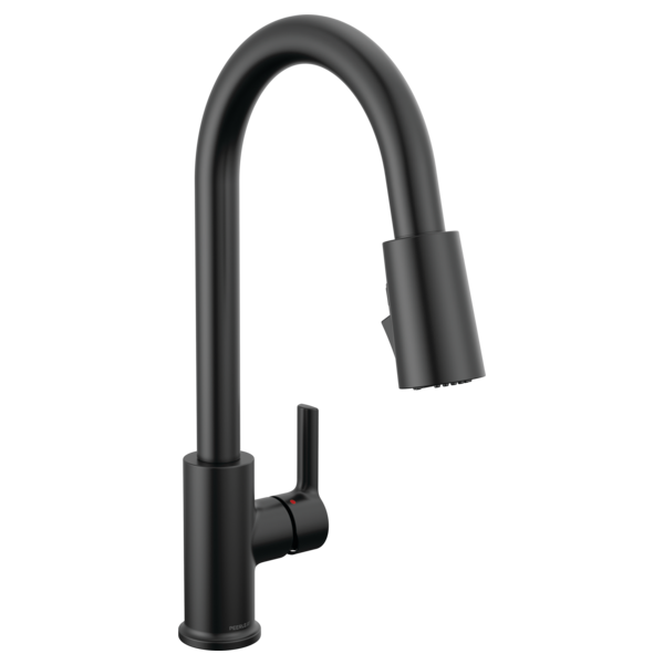 Black single-handle pulldown kitchen faucet with curved spout and spray head.