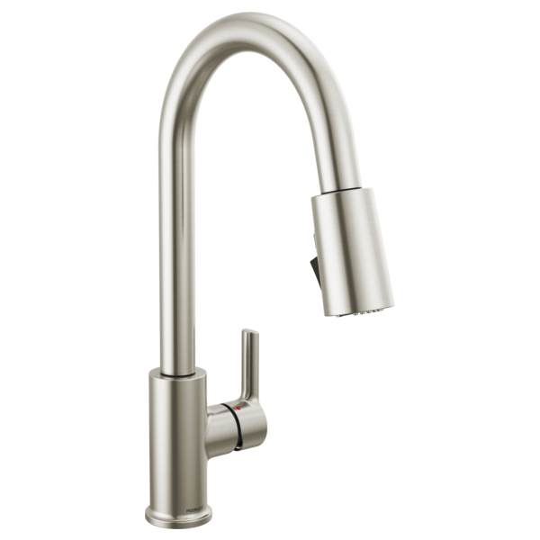 Stainless steel single-handle kitchen faucet with curved spout and pulldown spray head.