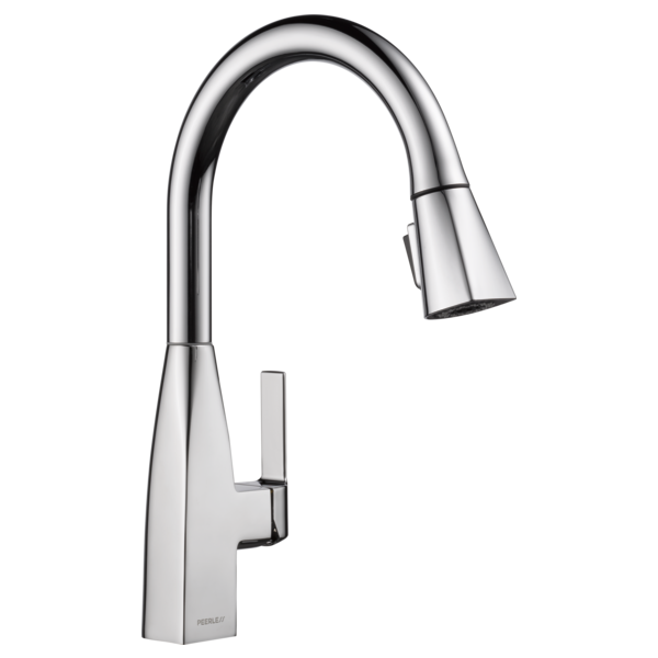 Chrome kitchen faucet with curved pull-down spout and single handle on white base.