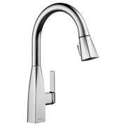 Chrome kitchen faucet with arched pull-down spout and single handle control lever.