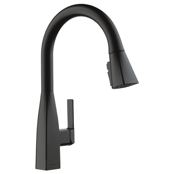 Black single-handle kitchen faucet with curved gooseneck spout and pull-down spray head.