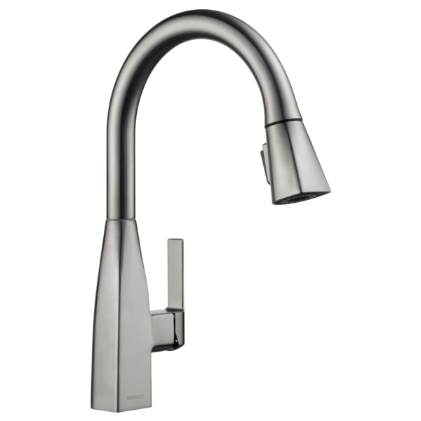 Stainless steel single-handle kitchen faucet with curved pull-down spout and rectangular base.