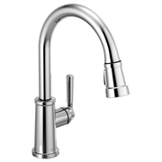 Chrome kitchen faucet with single handle and pull-down spray head on curved gooseneck spout.