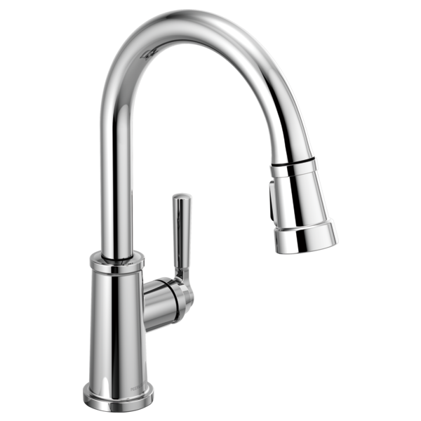 Chrome kitchen faucet with single handle and pull-down spray head on curved gooseneck spout.