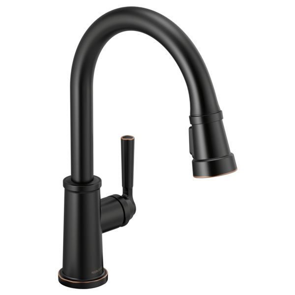 Black single-handle pull-down kitchen faucet with curved spout and sprayer head.