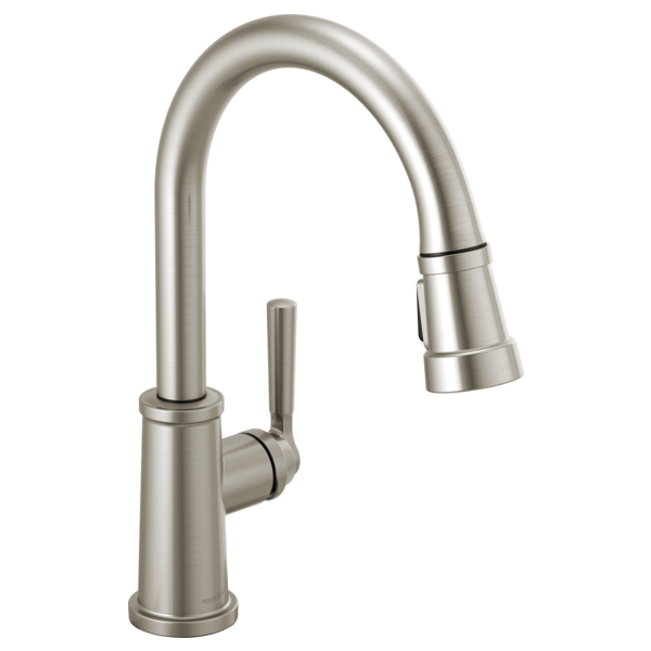 Brushed nickel single-handle kitchen faucet with curved spout and pull-down spray head.