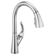 Chrome single-handle kitchen faucet with curved spout and pulldown spray head.