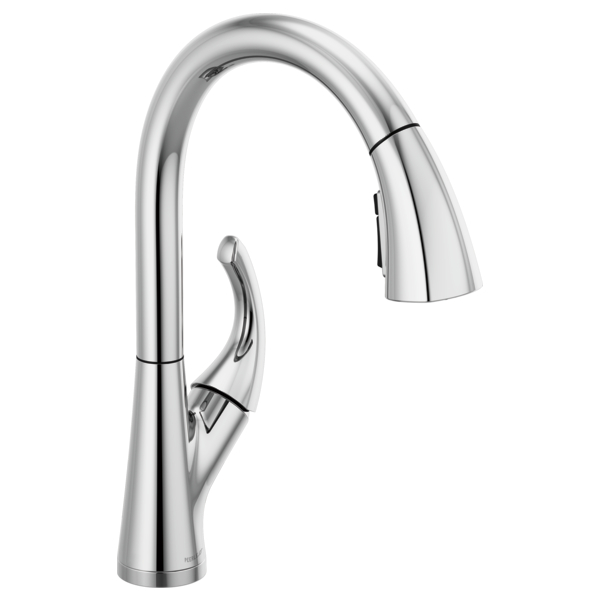 Chrome single-handle kitchen faucet with curved spout and pulldown spray head.