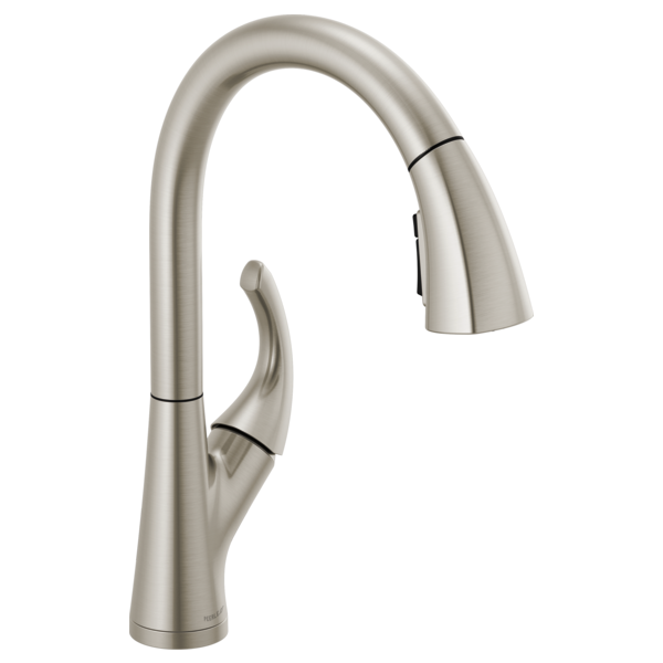Stainless steel kitchen faucet with curved spout, single handle lever, and pulldown spray head.