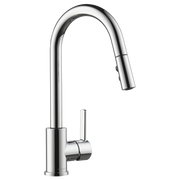 Chrome single-handle kitchen faucet with curved gooseneck spout and pull-down spray head.