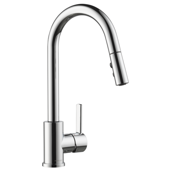 Chrome single-handle kitchen faucet with curved gooseneck spout and pull-down spray head.