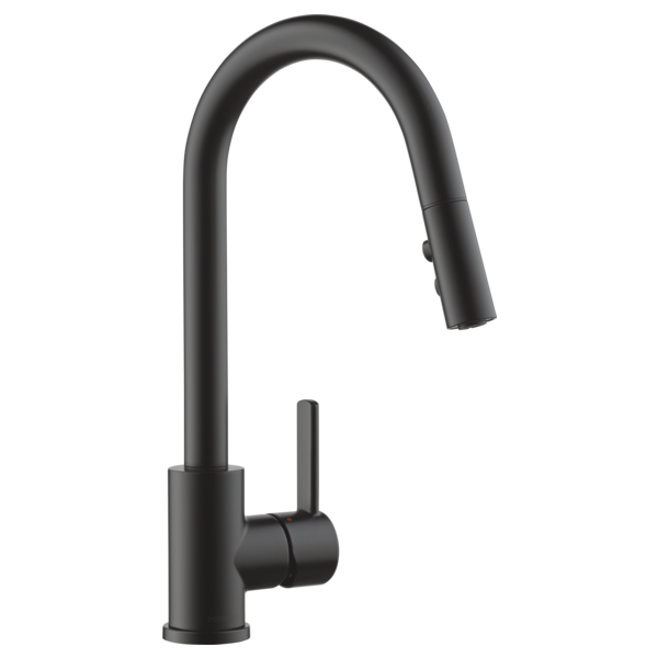 Black pull-down kitchen faucet with single handle and curved spout against white background.