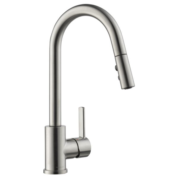 Stainless steel kitchen faucet with curved pull-down spout and single lever handle.