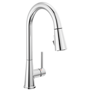 Chrome kitchen faucet with curved spout, single handle, and pull-down spray head.