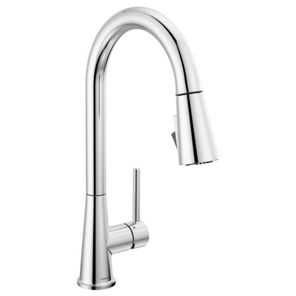 Chrome kitchen faucet with curved spout, single handle, and pull-down spray head.